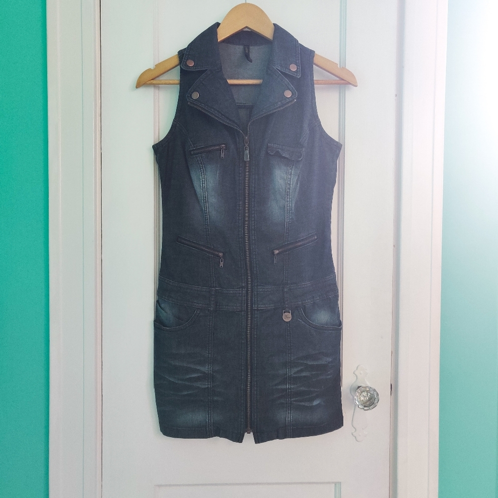 j-one Distressed Collared Slim-Fit Dark Zip-Up Wash Denim Mini Dress